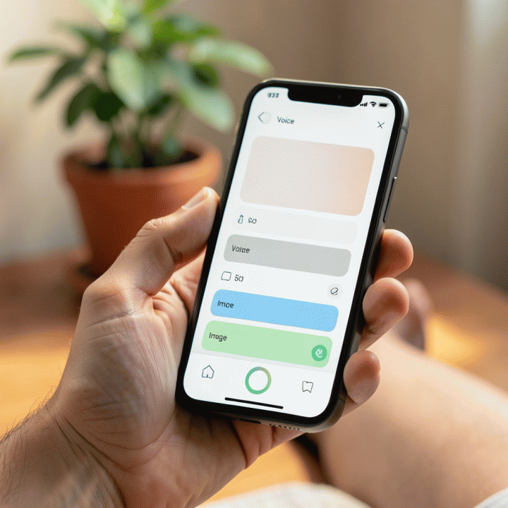 Tangan yang menggunakan smartphone dengan antarmuka jurnal digital yang bersih dan terstruktur, menunjukkan kemudahan input suara dan gambar.