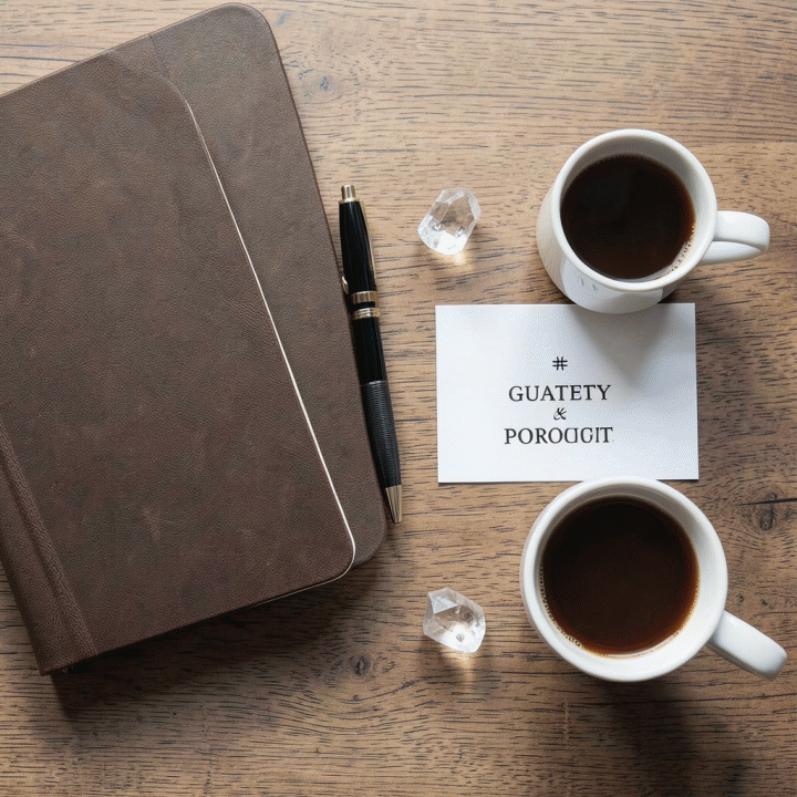 Komposisi flat lay berisi jurnal, alat tulis, kartu rasa syukur, dan benda-benda yang mendukung refleksi diri.
