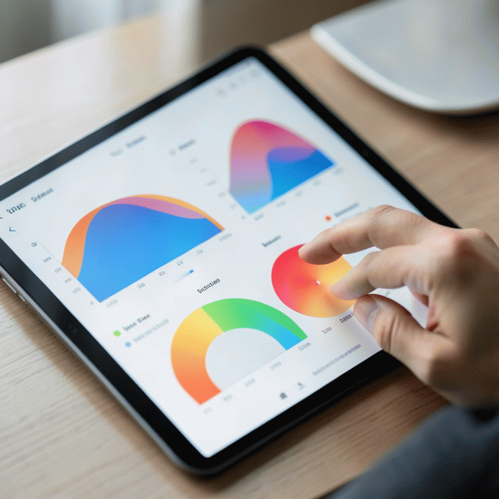 Visual abstrak antarmuka jurnal digital yang menampilkan grafik pola suasana hati dan data emosi yang terorganisir.