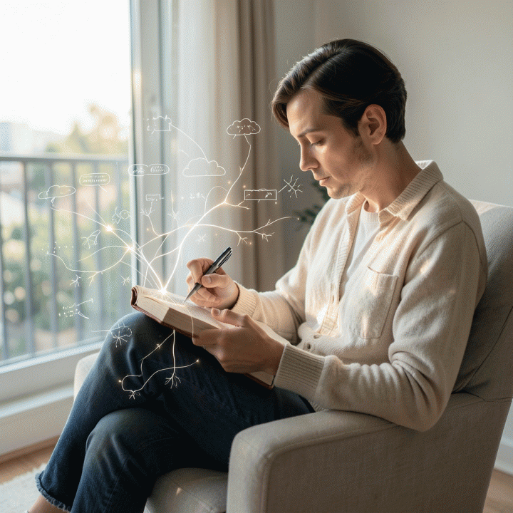 Seseorang sedang menulis di jurnal di lingkungan yang tenang, dikelilingi oleh visualisasi abstrak pikiran yang terorganisir, melambangkan refleksi diri dan kejernihan mental.