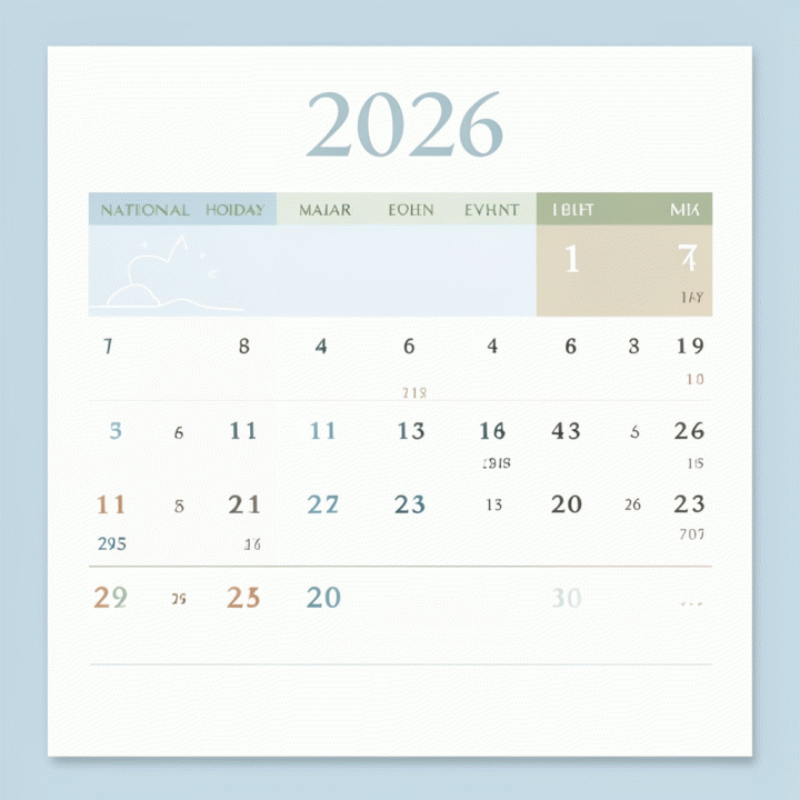 Ilustrasi kalender digital tahun 2026 yang menunjukkan hari-hari libur nasional dengan desain minimalis dan modern untuk perencanaan perjalanan.