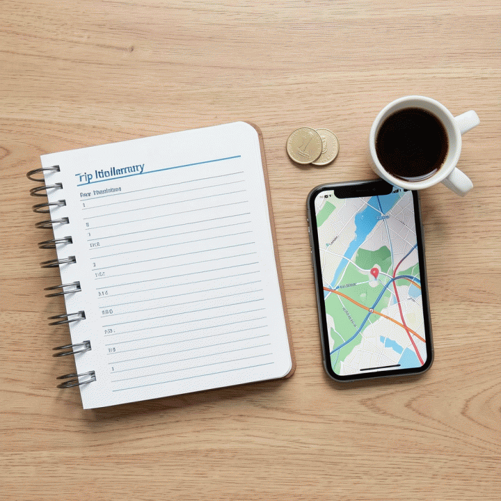 Flat lay perencanaan perjalanan yang terorganisir: buku catatan itinerary, peta digital di smartphone, uang, dan kopi pagi hari.