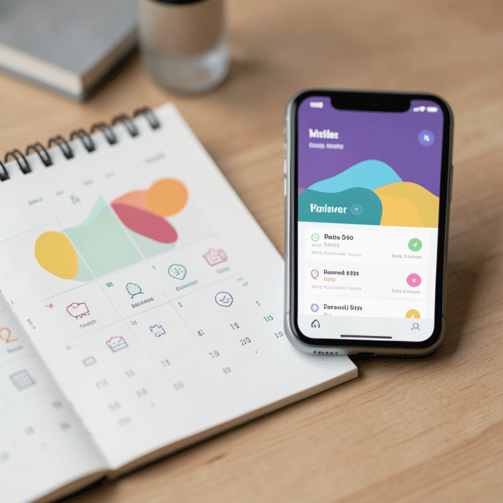 Detail kalender estetik dan aplikasi perjalanan di ponsel untuk merencanakan libur panjang.