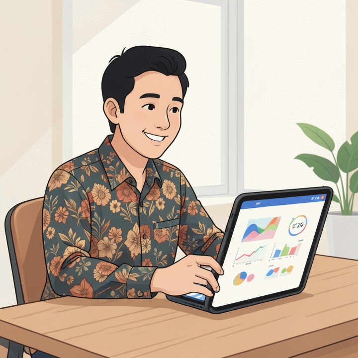 Ilustrasi profesional dan ceria seorang pemilik UMKM Indonesia di meja kayu, sedang menganalisis grafik keuangan yang abstrak di tablet, melambangkan penentuan harga jual yang akurat menggunakan kalkulator HPP.