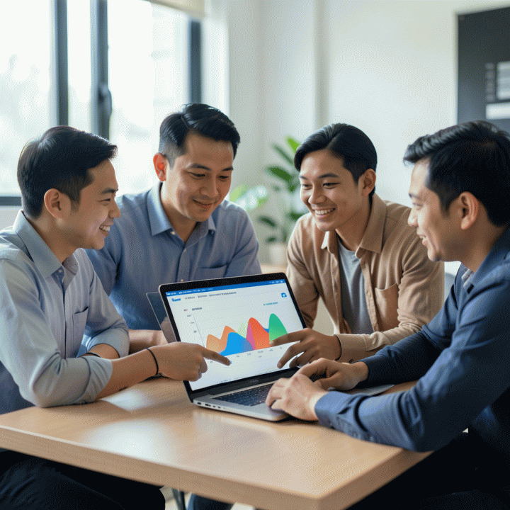 Kelompok pemilik UMKM yang sedang berdiskusi dan menganalisis data keuangan di meja kerja modern, menunjukkan kolaborasi dalam menentukan harga jual yang optimal.