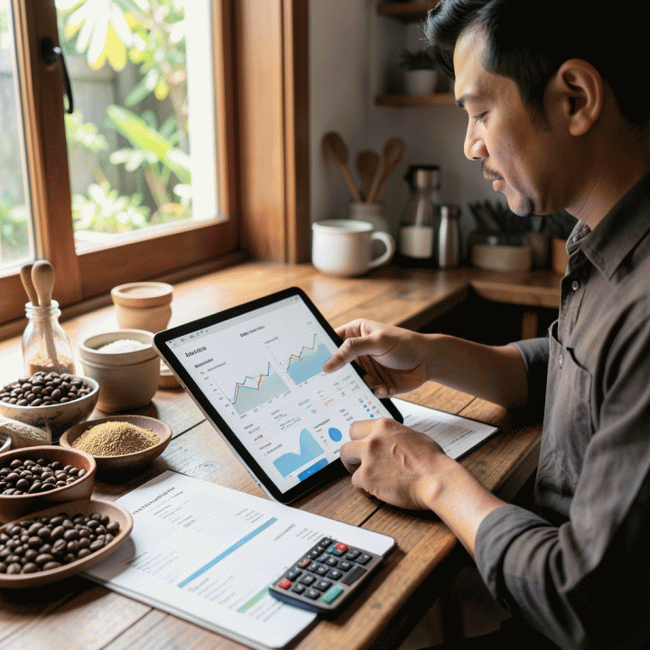 Ilustrasi seorang pemilik UMKM yang profesional dan fokus menghitung biaya dan keuntungan di meja kerja, menggunakan tablet digital untuk menentukan harga jual optimal produknya.