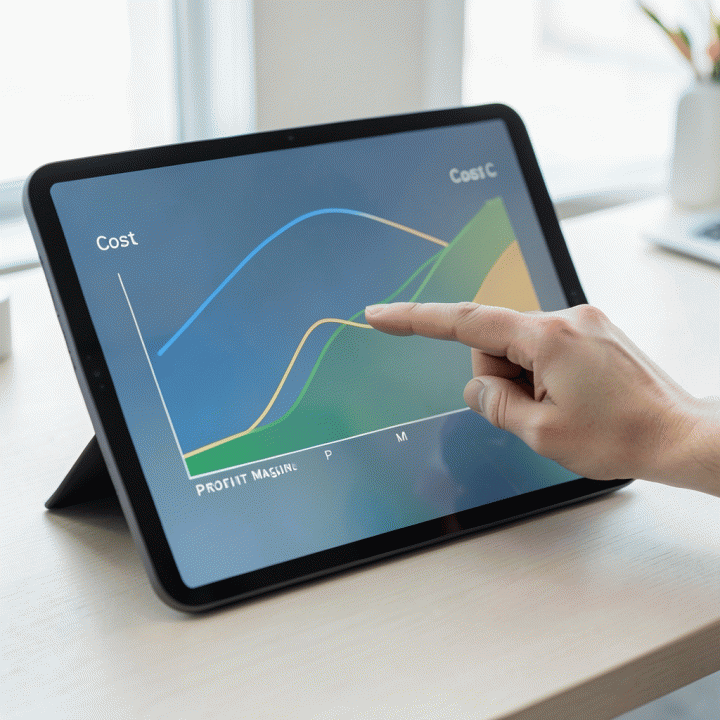 Representasi visualisasi perhitungan HPP di dashboard digital yang menunjukkan hubungan antara biaya dan profit margin yang optimal.