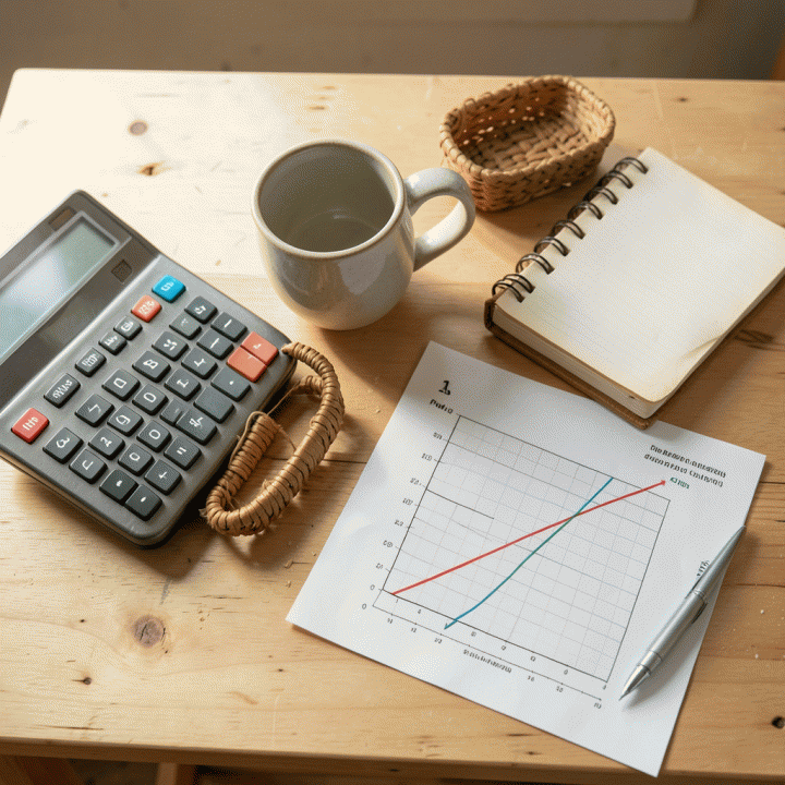 Overhead shot of a wooden workbench with a handmade craft, calculator, and ledger book, symbolizing the calculation of handmade product costs.