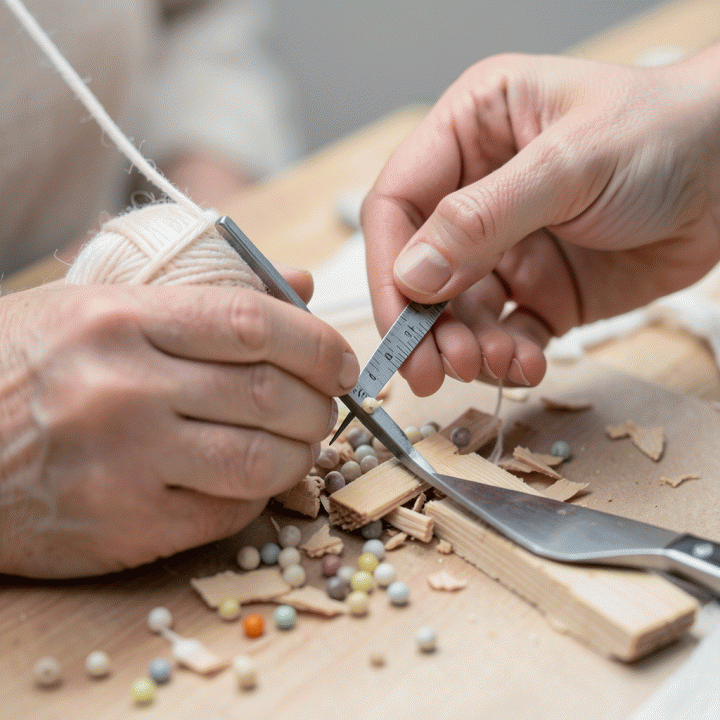 Hands carefully measuring raw materials for a handmade craft project.