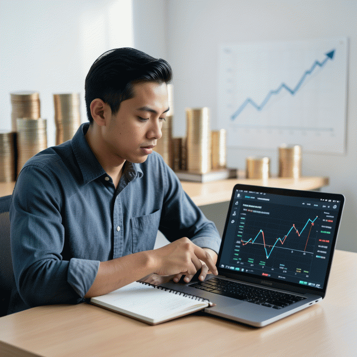Pemilik UMKM sedang menganalisis laporan keuangan di meja kerjanya untuk menentukan profit margin yang optimal.