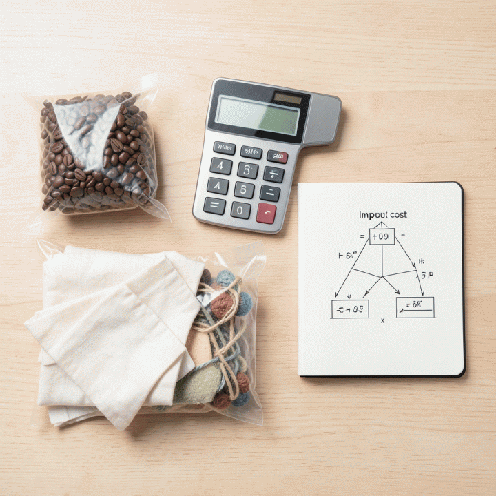 Tata letak flat lay yang menunjukkan perbandingan antara bahan baku (input biaya) dan produk jadi dengan alat hitung keuangan di sebelahnya.