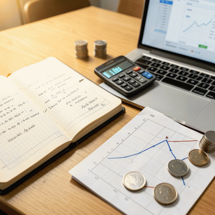 Tampilan meja kerja profesional dengan alat-alat perhitungan keuangan bisnis seperti buku catatan akuntansi, kalkulator digital modern, koin, dan grafik pertumbuhan, menyimbolkan proses menghitung HPP untuk UMKM.