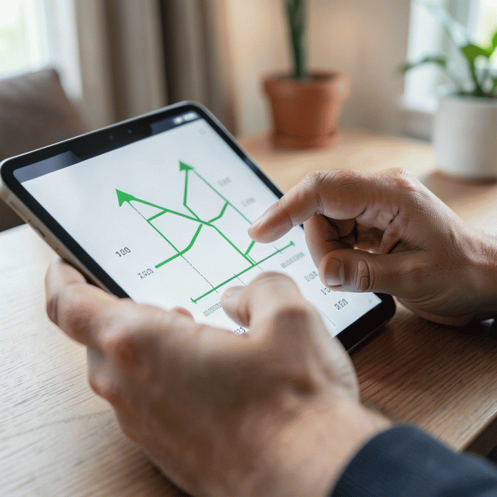 Tangan seseorang yang sedang berinteraksi dengan tablet untuk menghitung biaya pokok produksi (HPP) secara digital.