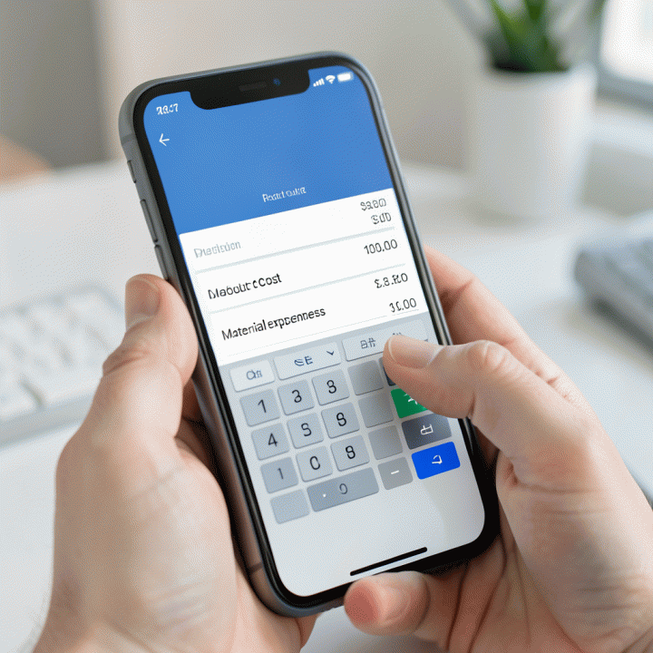 Tangan menggunakan kalkulator digital pada smartphone untuk memasukkan data biaya produk, material, dan tenaga kerja. Fokus pada proses perhitungan keuangan yang akurat.
