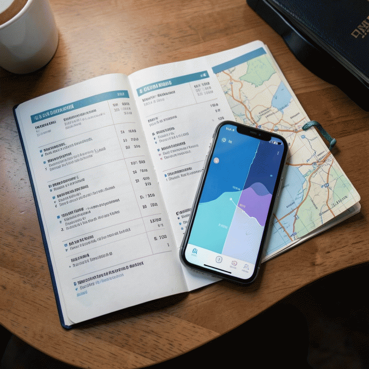 Pandangan atas meja yang menunjukkan persiapan perjalanan, dengan smartphone yang menampilkan kalkulasi pembagian biaya yang akurat dan rapi.