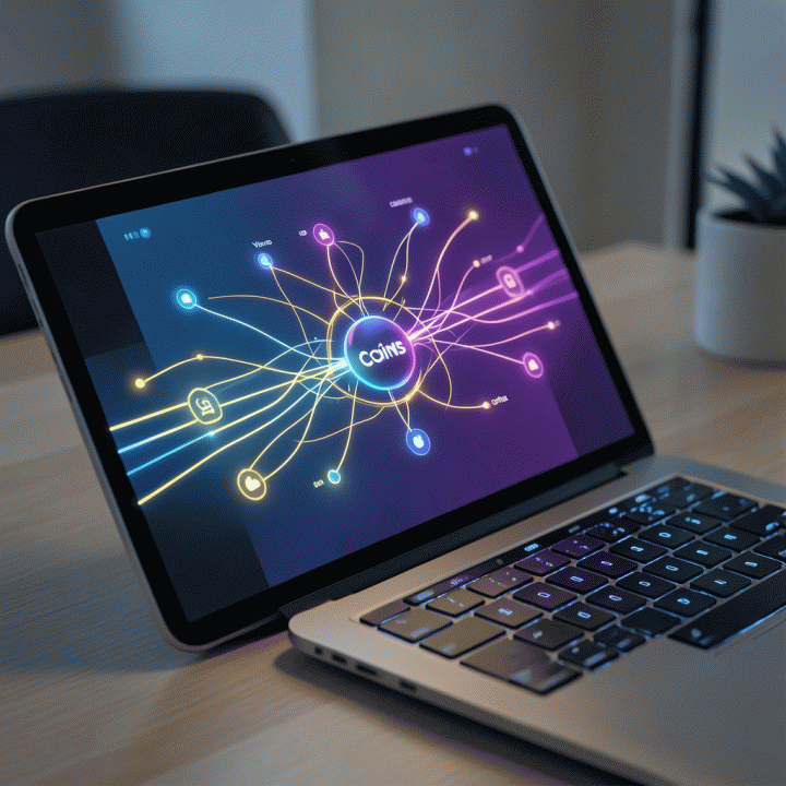 Ilustrasi abstrak aliran data digital pada tablet dan laptop yang menunjukkan bagaimana berbagai sumber pendapatan (Views, Koin, Gift) saling terhubung dalam sistem monetisasi konten.