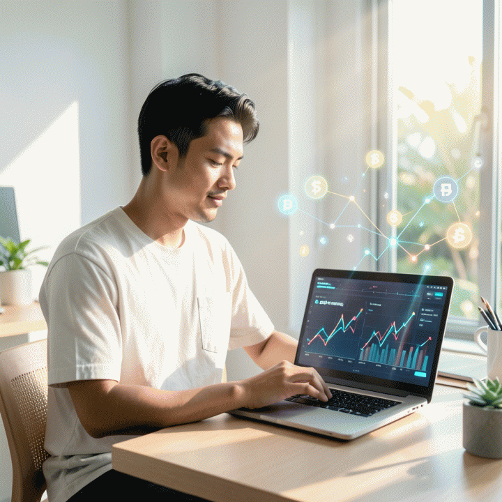 Seorang konten kreator muda Indonesia yang profesional menggunakan laptop di ruang kerja modern yang terang, menggambarkan konsep analisis data dan potensi penghasilan digital TikTok secara abstrak.