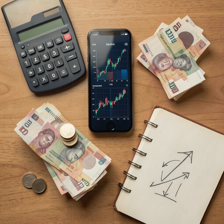 Tampilan atas kalkulator dan uang fisik di meja kerja, melambangkan perencanaan finansial konten kreator dengan perhitungan data dan potensi penghasilan.