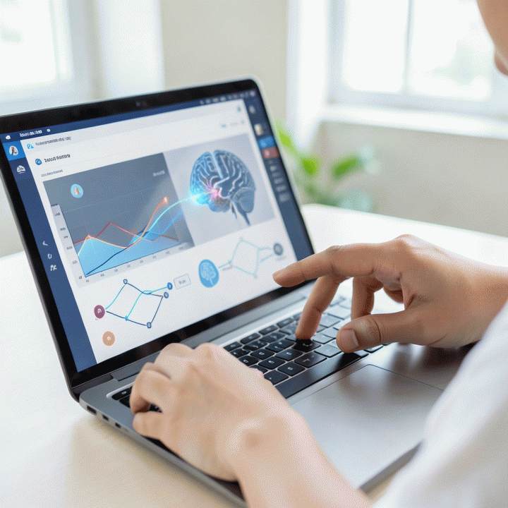 Tangan mahasiswa atau profesional yang sedang menganalisis visualisasi pola dan data pada antarmuka digital asesmen di laptop.