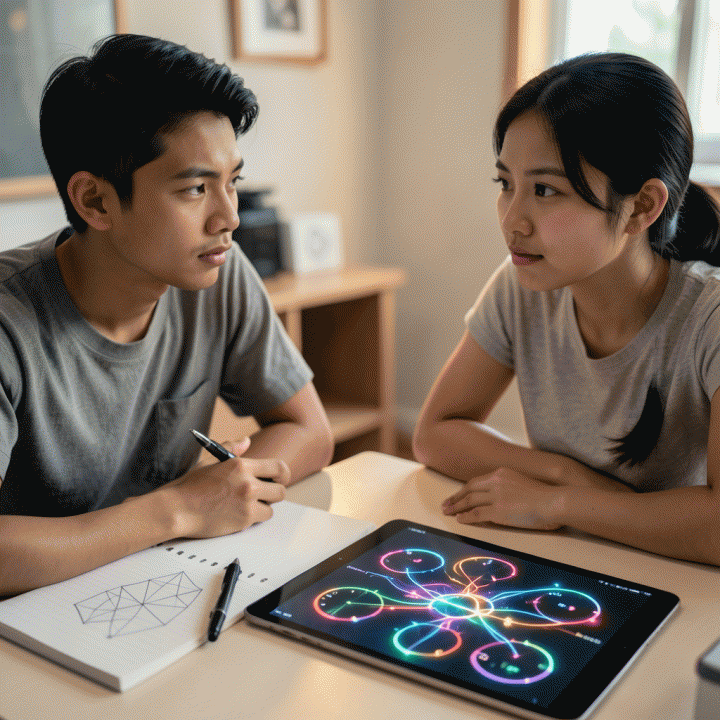 Dua mahasiswa muda sedang berkonsentrasi saat melakukan asesmen diri, dengan visualisasi pola pikir abstrak di meja mereka.