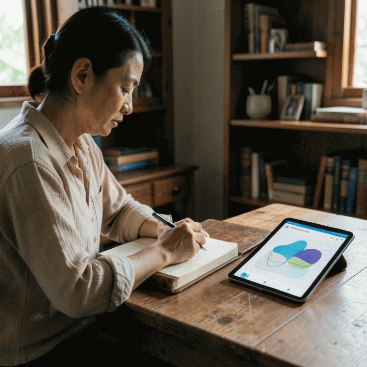 Perbandingan antara jurnal fisik yang klasik dan antarmuka jurnal digital modern di meja kerja yang tenang, melambangkan keseimbangan antara privasi fisik dan digital.
