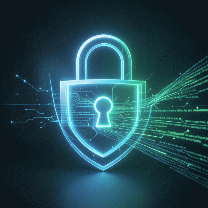 Visualisasi digital abstrak dari enkripsi data dan perlindungan privasi AI.
