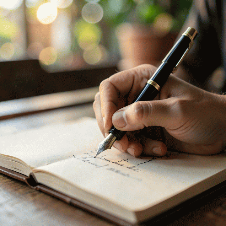 Jurnal fisik yang ditulis tangan dengan pena bulu, menekankan aspek pribadi dan taktil dari penjurnalan.