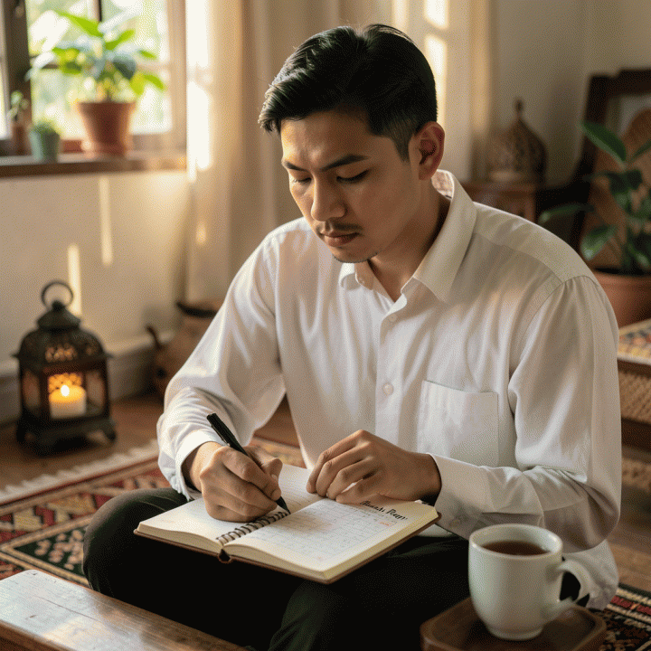 Seorang pemuda Indonesia yang sedang mencatat kebiasaan ibadah harian di jurnal yang rapi, memberikan kesan ketenangan, fokus, dan konsistensi spiritual.