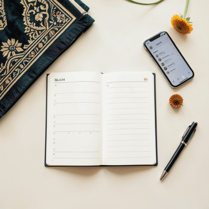 Flat lay foto yang menunjukkan buku pelacak kebiasaan (habit tracker), sajadah, dan peralatan ibadah lainnya, melambangkan perencanaan ibadah harian yang terstruktur.