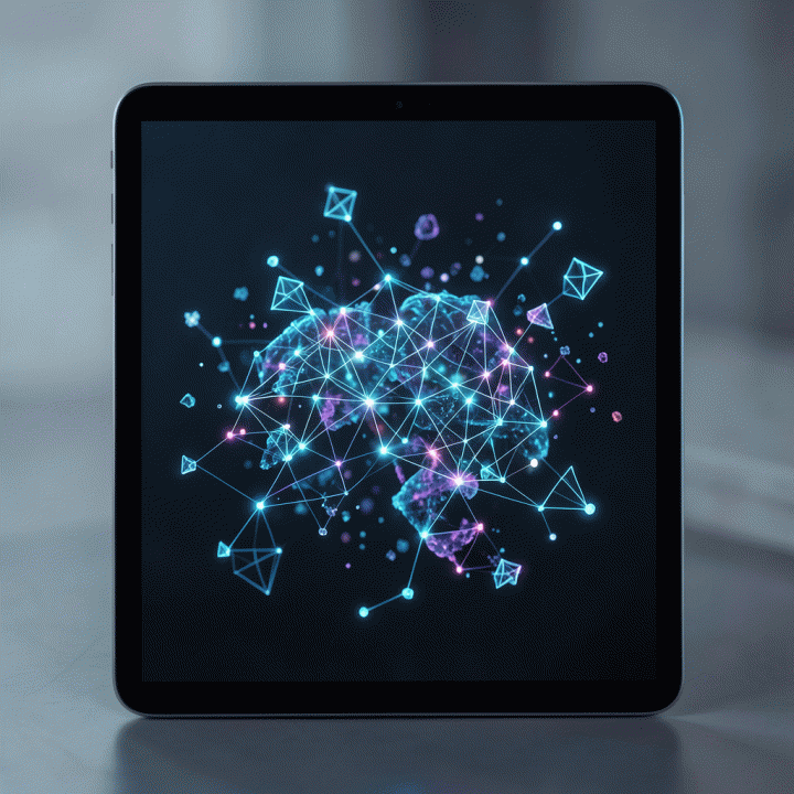 Visualisasi abstrak pikiran yang berantakan berubah menjadi struktur terorganisir dalam antarmuka digital, melambangkan manajemen pengetahuan.