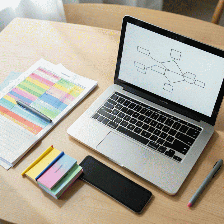 Komposisi datar yang rapi di atas meja kayu berisi perlengkapan belajar modern: worksheet berwarna-warni, tablet digital, dan laptop terbuka, menyiratkan perencanaan pembelajaran yang terorganisir.