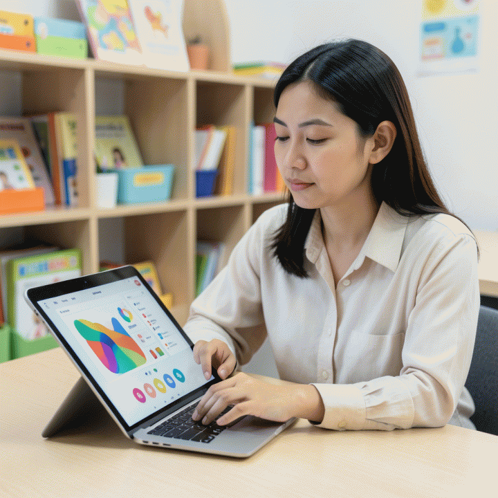 Seorang guru Indonesia modern yang terlihat fokus menggunakan tablet atau laptop untuk menyusun materi pembelajaran di ruang kelas.