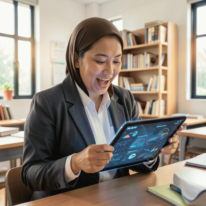 Seorang guru Indonesia menggunakan tablet canggih di kelas yang modern, menunjukkan kemudahan dan efisiensi dalam merencanakan materi pembelajaran dengan bantuan teknologi AI untuk Kurikulum Merdeka.