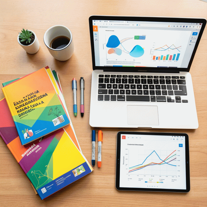 Perbandingan alat peraga mengajar tradisional dan modern di atas meja kerja, menekankan efisiensi waktu dalam perencanaan materi menggunakan teknologi AI.