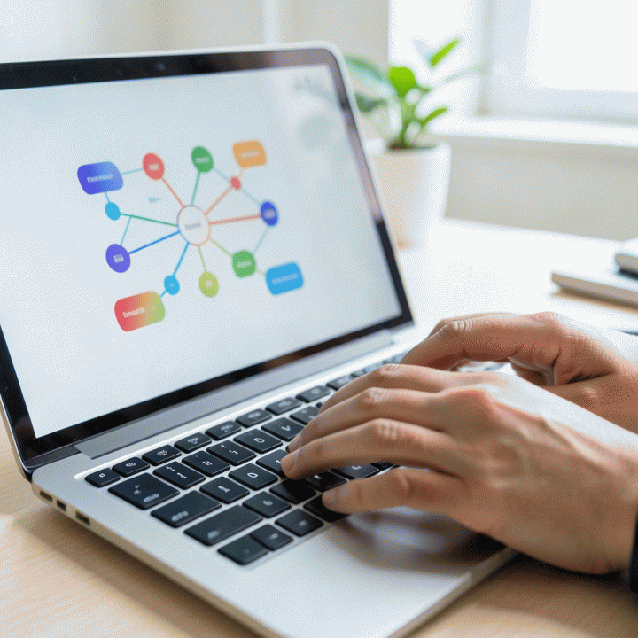 Tangan guru mengetik di laptop yang menampilkan visualisasi proses penyusunan materi pembelajaran secara digital dan terstruktur.