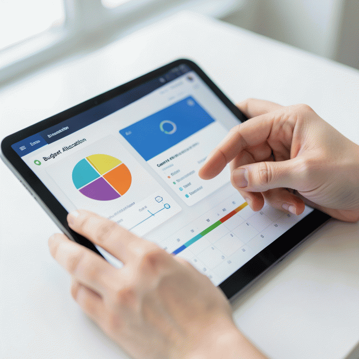 Tangan yang sedang melihat dashboard perencanaan pernikahan digital, menampilkan visualisasi anggaran, daftar tamu, dan timeline acara yang terorganisir.