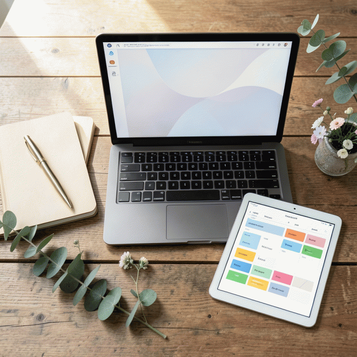 Tampilan datar yang berisi perlengkapan perencanaan pernikahan: buku catatan, tablet, dan laptop yang menunjukkan visualisasi data yang rapi, menimbulkan kesan tenang dan terorganisir.