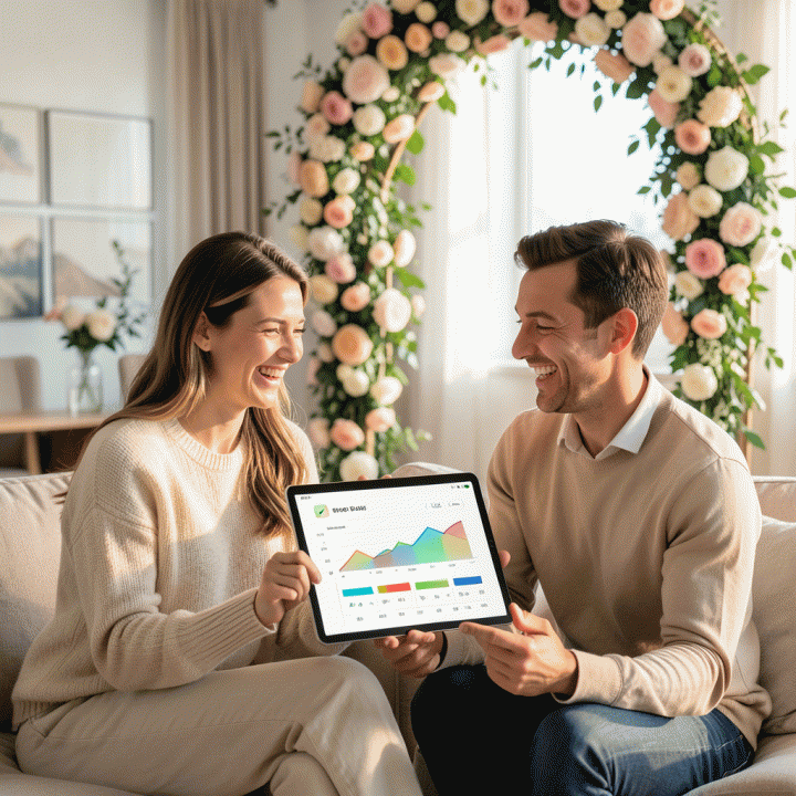 Sepasang pengantin modern yang tampak rileks dan bahagia melihat ringkasan rencana pernikahan yang terorganisir di tablet digital, menunjukkan pengelolaan anggaran dan data tamu yang mudah.