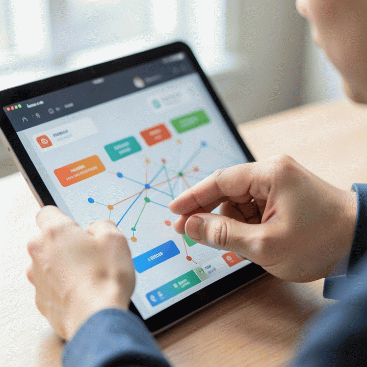 Tangan yang menggunakan tablet untuk melihat tampilan visual yang terstruktur mengenai koordinasi anggaran dan data tamu, tanpa teks yang terbaca.