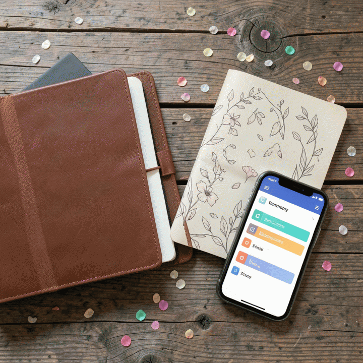 Tampilan dari atas (flat lay) menunjukkan meja kerja pernikahan yang terorganisir dengan buku agenda, ponsel, dan elemen perencanaan, memberikan kesan persiapan yang terarah.