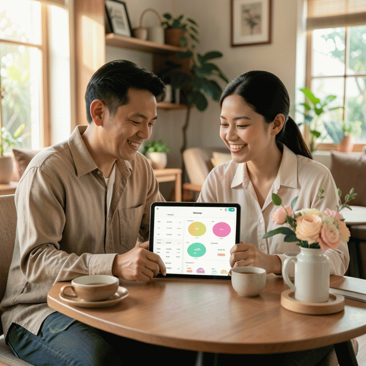 Pasangan pengantin yang tenang dan terorganisir sedang melihat tampilan digital yang menunjukkan pengelolaan anggaran dan daftar tamu pernikahan secara terpusat, memancarkan ketenangan dari proses perencanaan yang rumit.