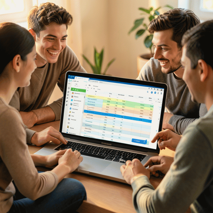 Group of young adults collaboratively managing a travel budget on a digital spreadsheet.
