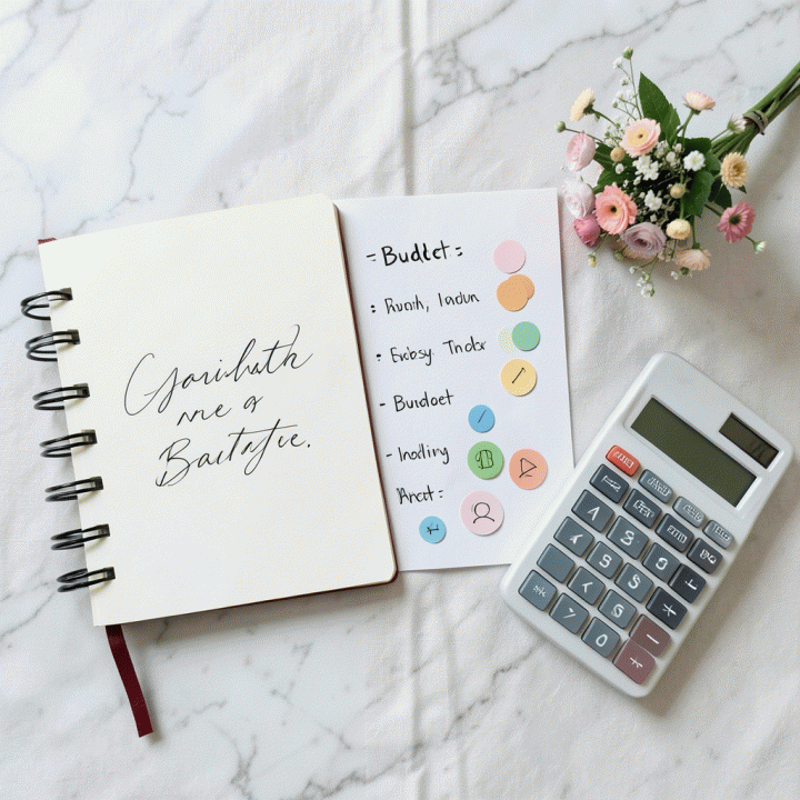 Tampilan datar (flat lay) yang menunjukkan peralatan perencanaan pernikahan yang terorganisir, termasuk catatan anggaran dan daftar tamu, menekankan kontrol keuangan.
