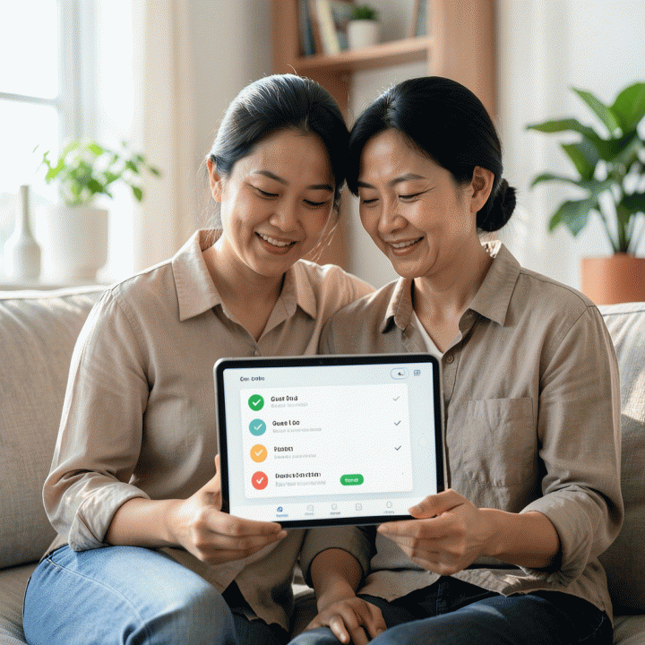 Pasangan calon pengantin melihat tablet yang menampilkan manajemen daftar tamu dan status RSVP yang terorganisir, menunjukkan kemudahan perencanaan.