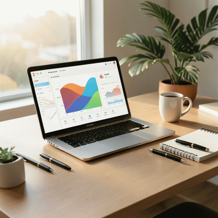 Tampilan meja kerja minimalis dan hangat dengan laptop yang menampilkan dasbor keuangan yang bersih dan terorganisir, dikelilingi oleh aksesoris produktivitas.