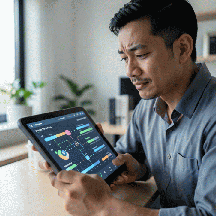 Seorang profesional muda sedang meninjau dashboard keuangan yang menunjukkan kemajuan dan strategi pelunasan utang yang terstruktur di tablet.