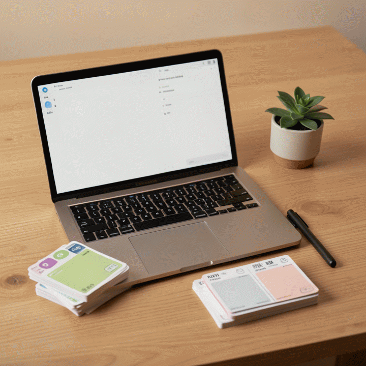 Set alat bantu modern di atas meja guru, termasuk laptop yang menampilkan antarmuka pendidikan digital, melambangkan perencanaan materi ajar yang mudah.