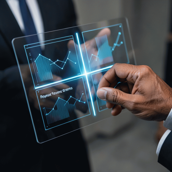 Tangan profesional yang mengelola data digital pada antarmuka yang menunjukkan pemisahan data operasional dan keuangan.