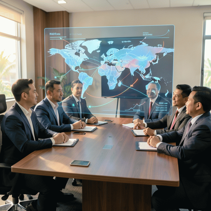 Tim profesional bisnis global sedang berdiskusi di ruang rapat modern, melihat proyeksi holografik yang menunjukkan peta pasar dunia dan jalur strategi ekspansi yang terintegrasi dan terarah.