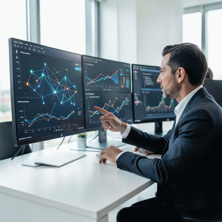 Seorang profesional pemasaran digital menganalisis data kompleks di layar multi-monitor, mengubah data mentah menjadi wawasan yang jelas dan actionable.